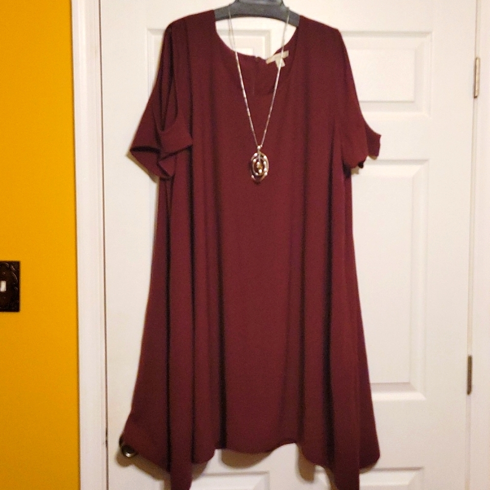 Sejour Wine Red Short Sleeve A-Line Dress